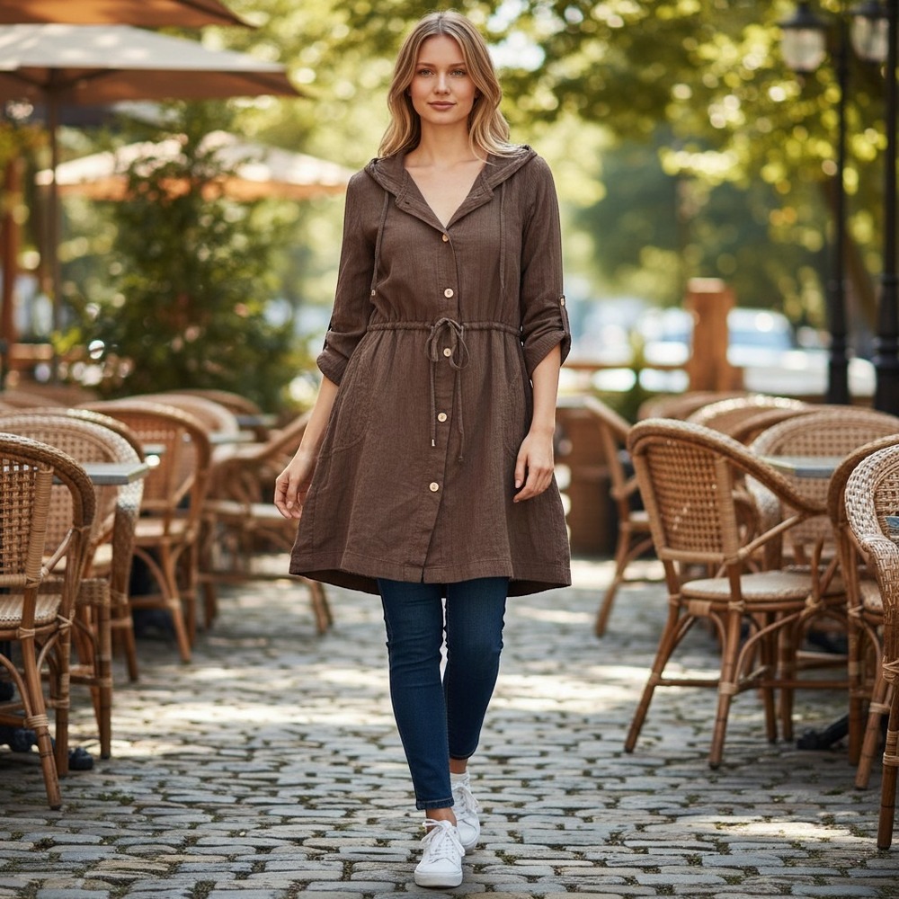St Johns Bay Brown Hooded Gauze Button Down Swim Cover Up Tunic XL Womens